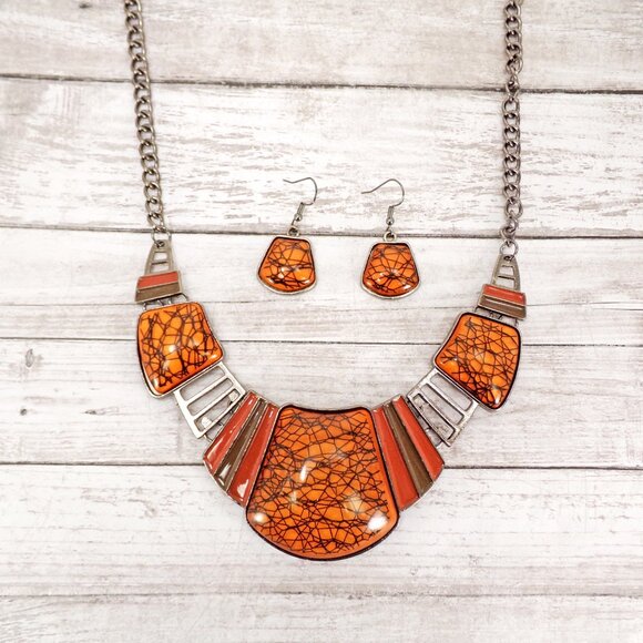 Large orange and black statment necklace and earring set w/ domed cabochon beads - Picture 7 of 7